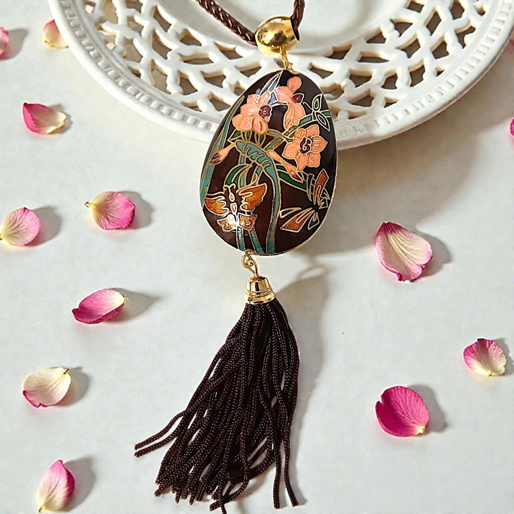 Vtg Cloisonne‎ Tassel Butterfly Necklace 70s Pendant Woven Cord Brown Dual Sided